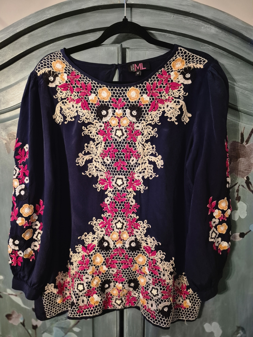 Micky London Embroidered Navy Peasant Blouse with Pink & Cream Floral Detail